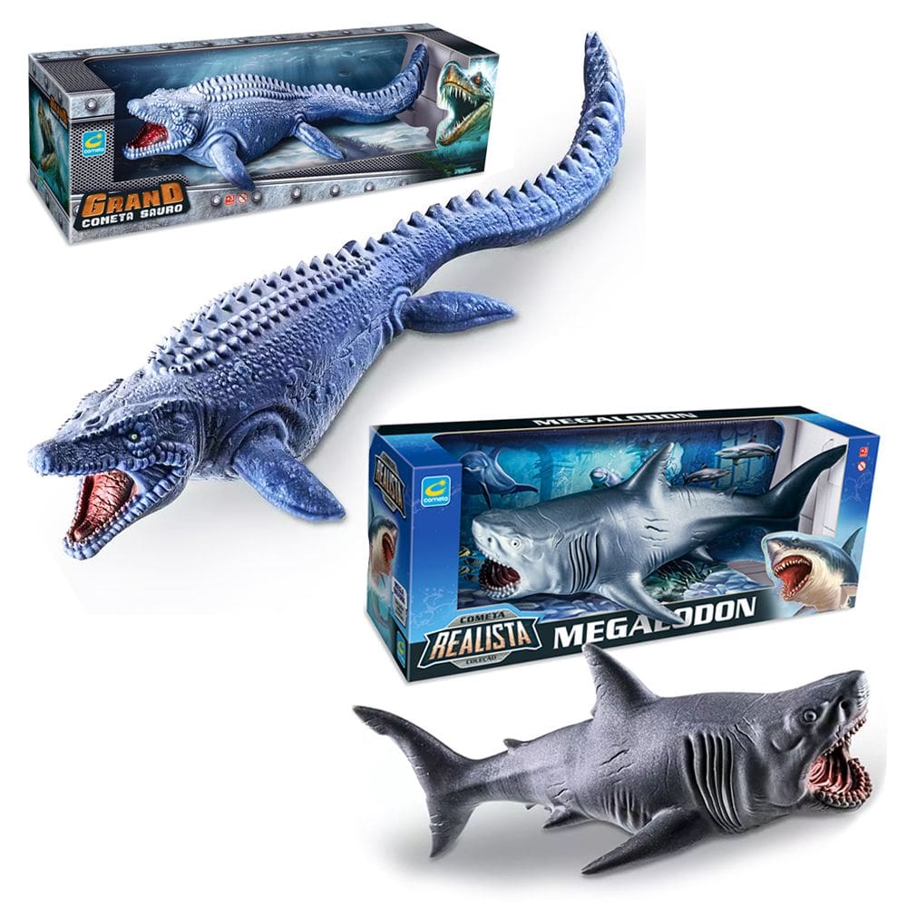 2 Brinquedos Tubarão Megalodon e Dinossauro Mosassauro 45cm