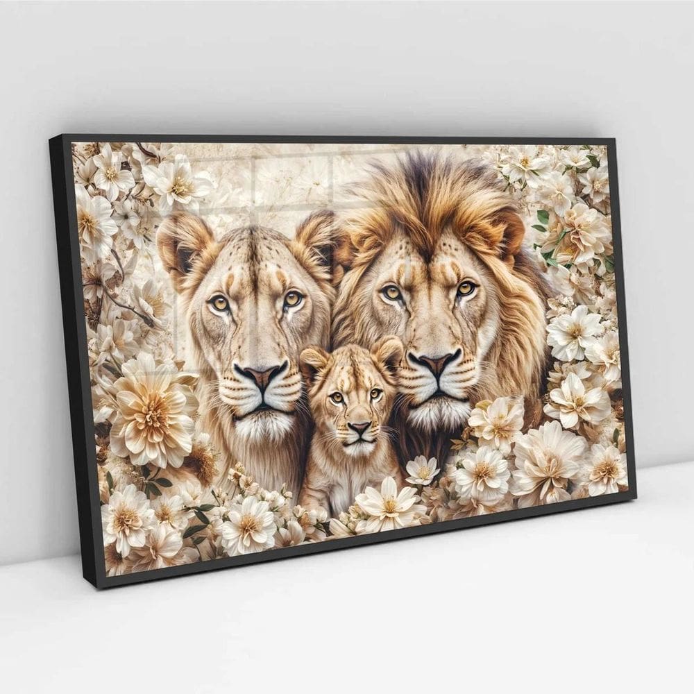 Quadro Família Leões Flores - 50X70Cm
