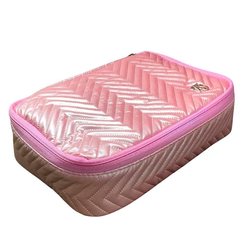 Bolsa Necessaire Estilo Matelassê Chevron Metálico Cor:rosa