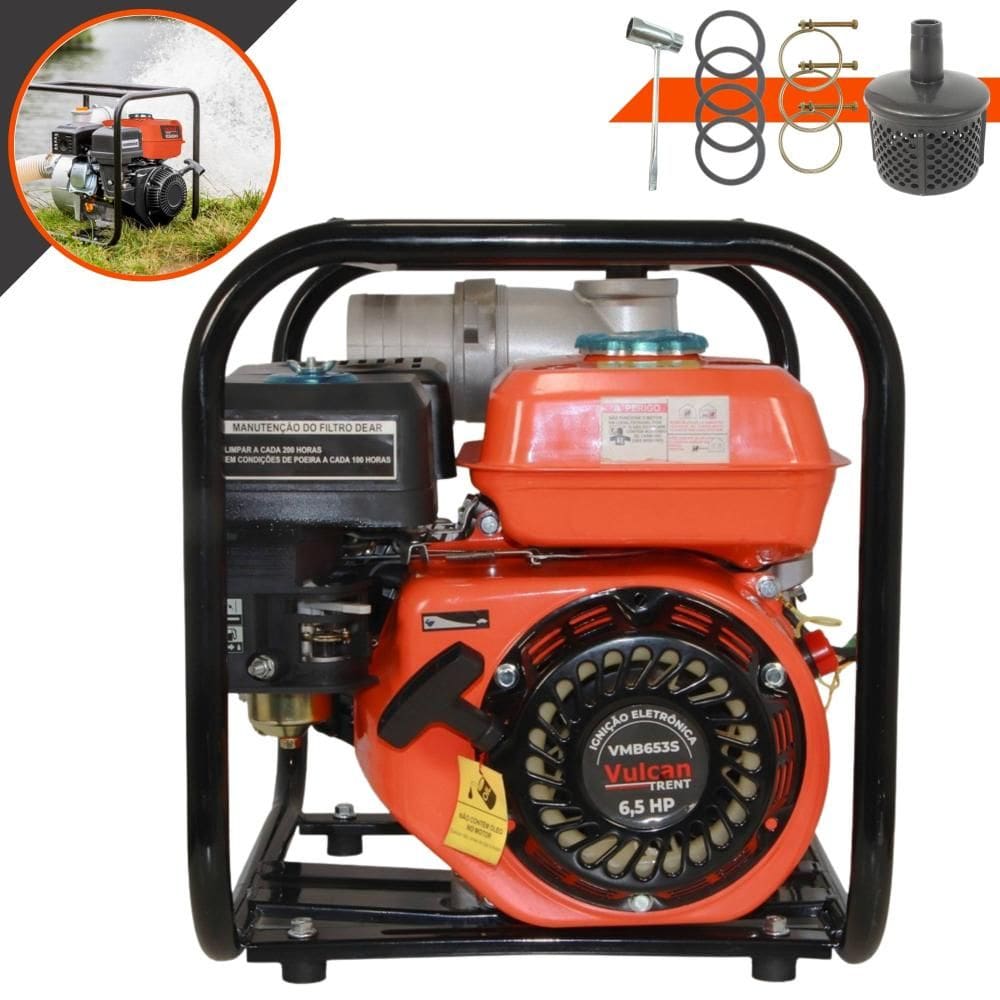 Motobomba Bomba de Água À Gasolina Vulcan VMB653S Motor 4T 196cc 6,5HP 4.000rpm Profissional Ideal Para Irrigação, Drenagem e Construção Civil