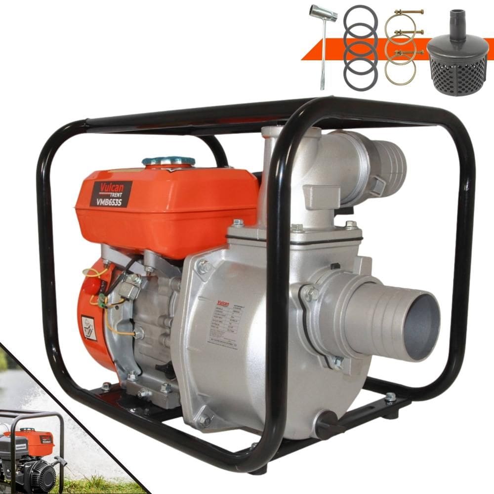 Motobomba Vulcan VMB-653S À Gasolina 4T 196cc 6,5HP 30MCA Vazão de 60m³ Bomba D’água Auto Escorvante Para Irrigação, Drenagem e Construção Civil