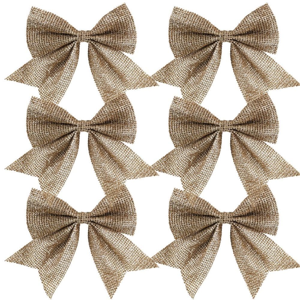Jogo 6 Laços Telado Glitter e Lantejoula Champanhe Natal 10cm - Magizi