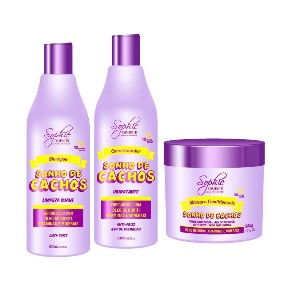 Kit Sonho de Cachos Manutenção Shampoo + Condicionador + Máscara  500ml Sophie Cosmetic