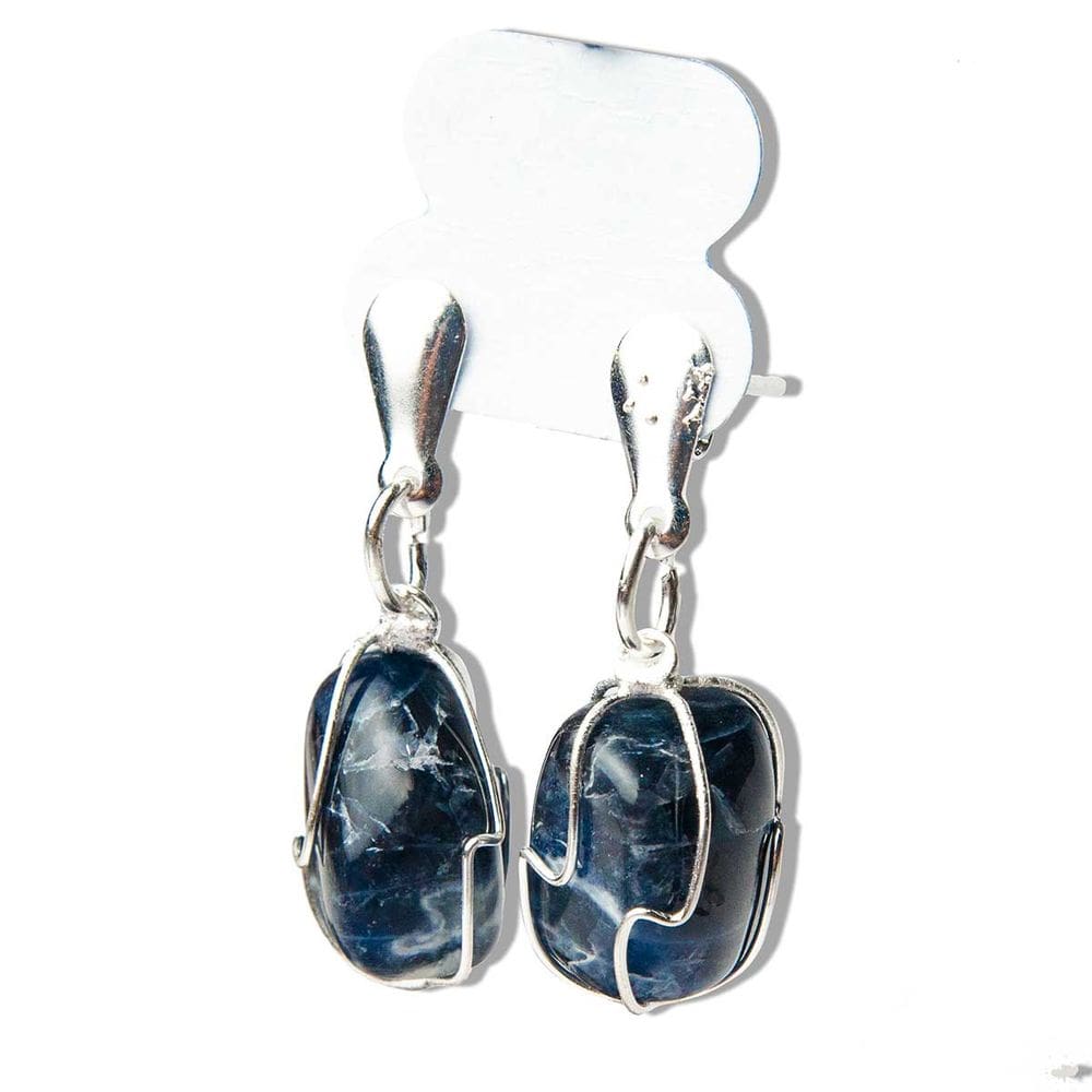 01 Brinco Cesta Amarrada Pedra Sodalita Azul Prateado