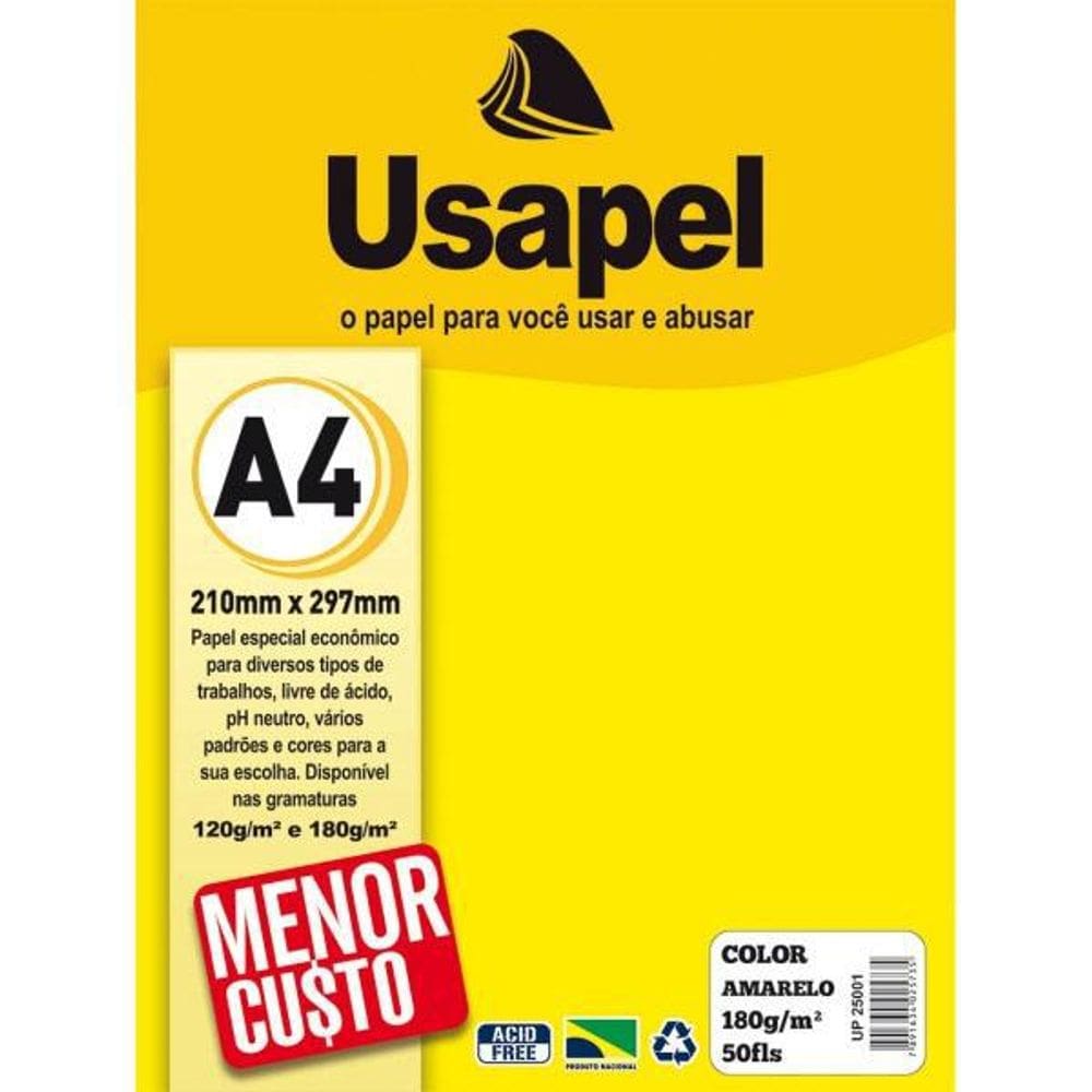 Papel Color A4 180g Amarelo 50 folhas Usapel
