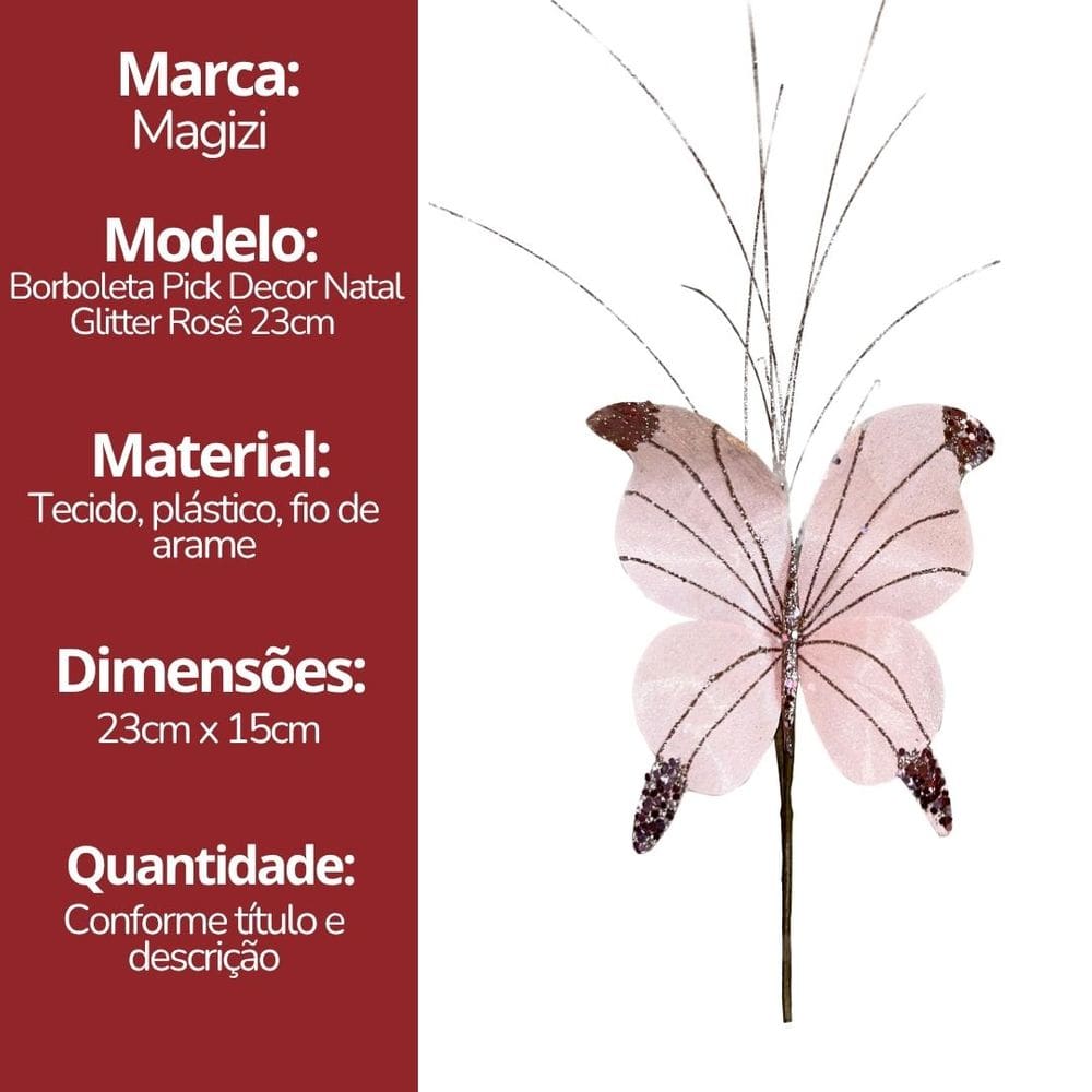 Borboleta Pick Natal Rosê Full Glitter Luxo 23cm - Magizi