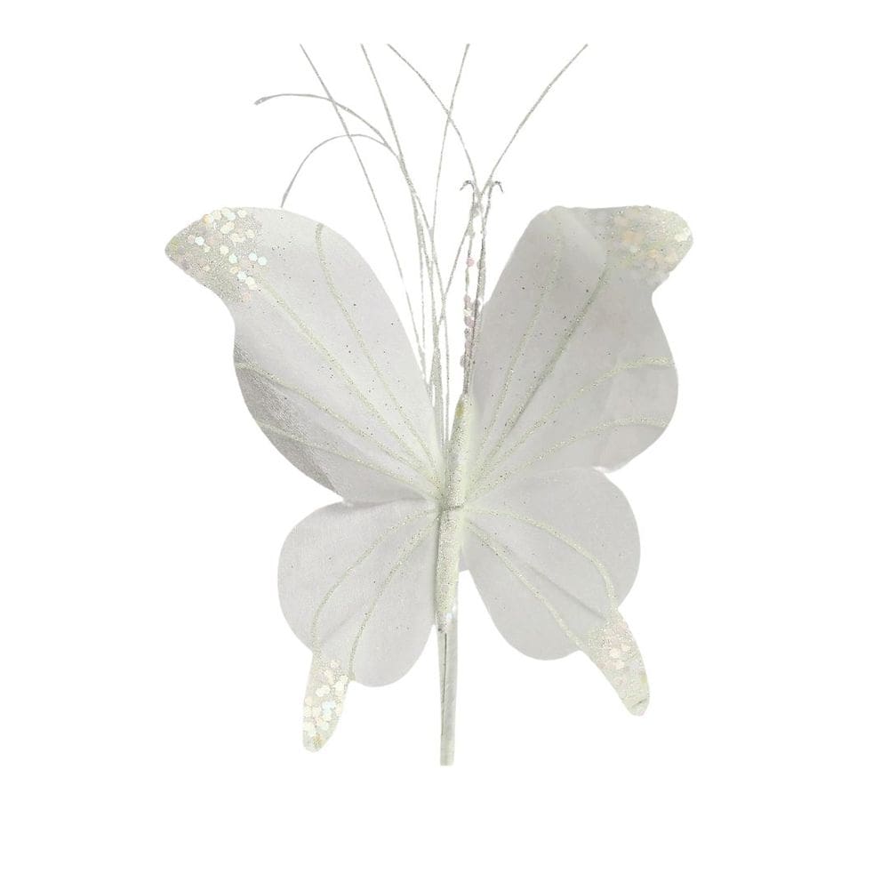 Borboleta Pick Natal Branca Full Glitter Luxo 23cm - Magizi