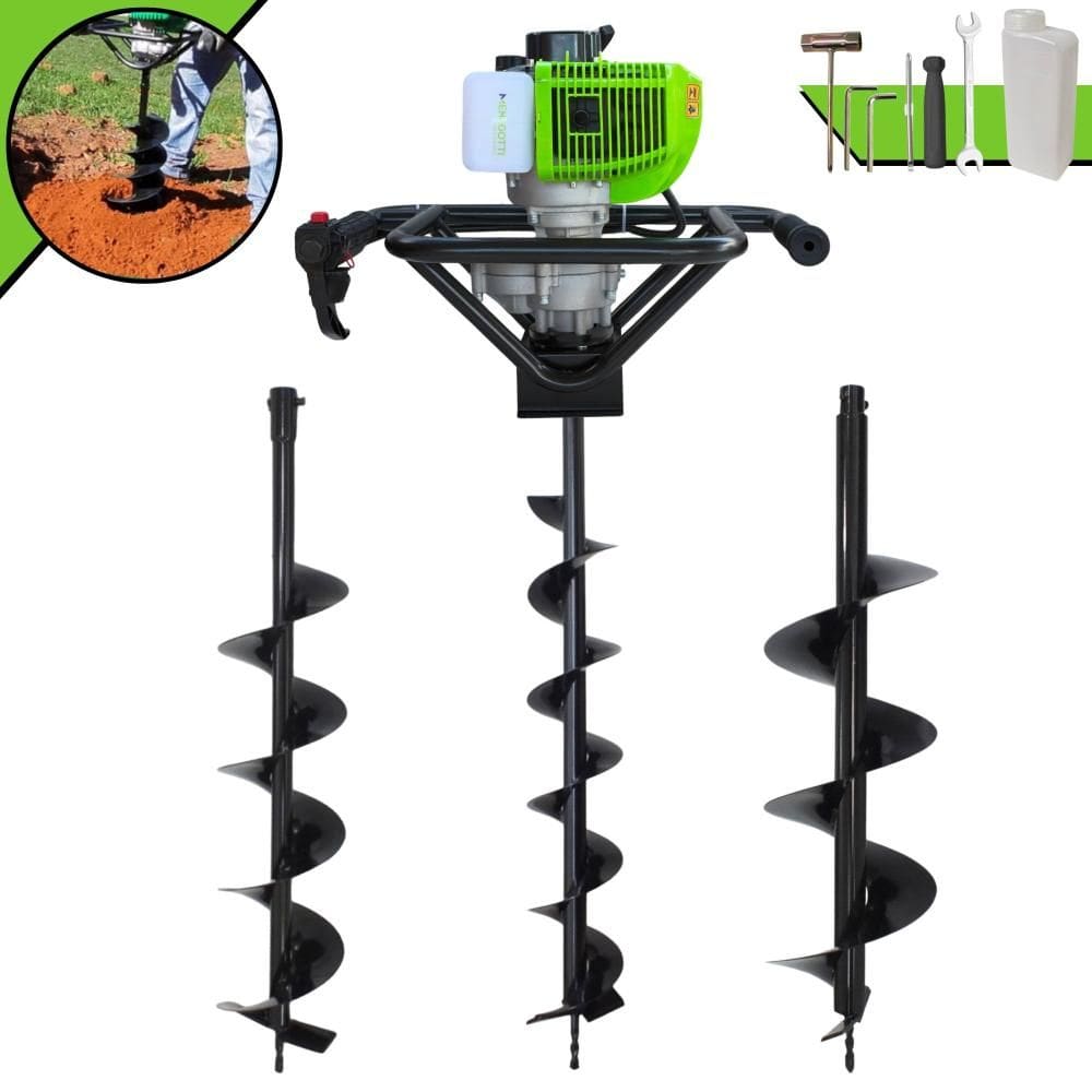Perfurador de Solo Profissional Menegotti MPS52 À Gasolina 2T 52cc 1,8HP de Potência + KIT 3 Brocas 80X10 80X15 80X20 Para Plantio e Construção Civil