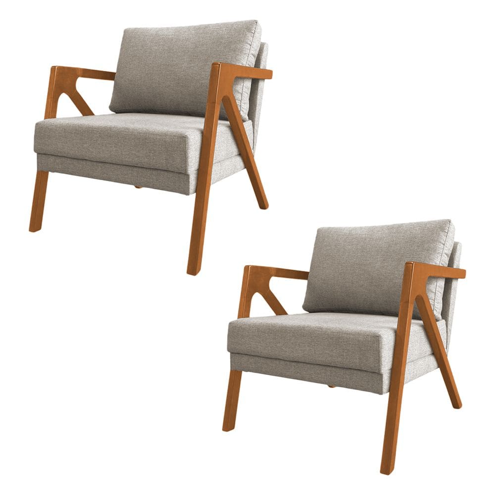 Kit 2 Poltronas Mona Luxo Base Madeira Maciça Linho Bege