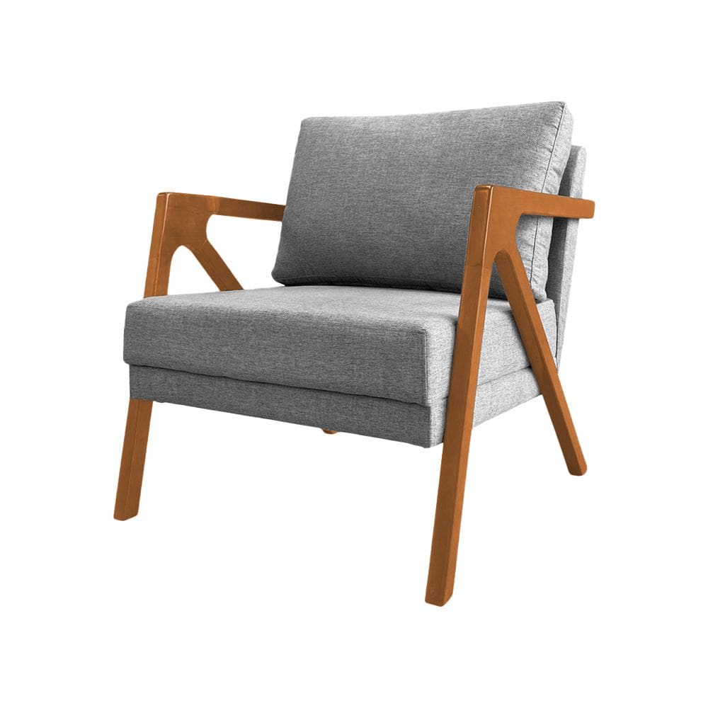 Poltrona Decorativa Mona Luxo Base Madeira Maciça Linho Cinza