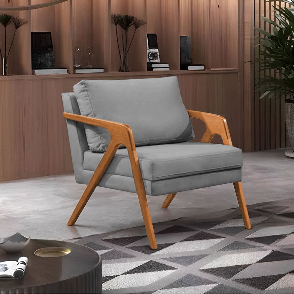 Poltrona Decorativa Mona Luxo Base Madeira Maciça Veludo Cinza