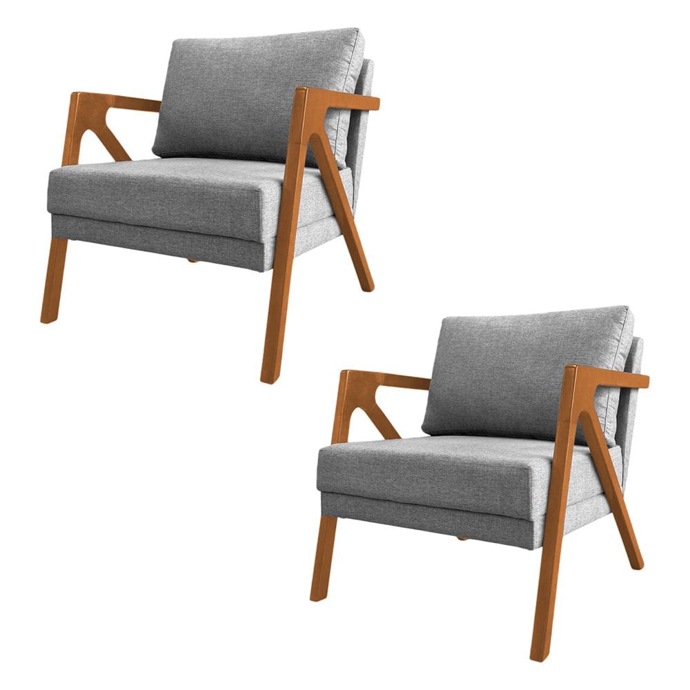 Kit 2 Poltronas Mona Luxo Base Madeira Maciça Linho Cinza