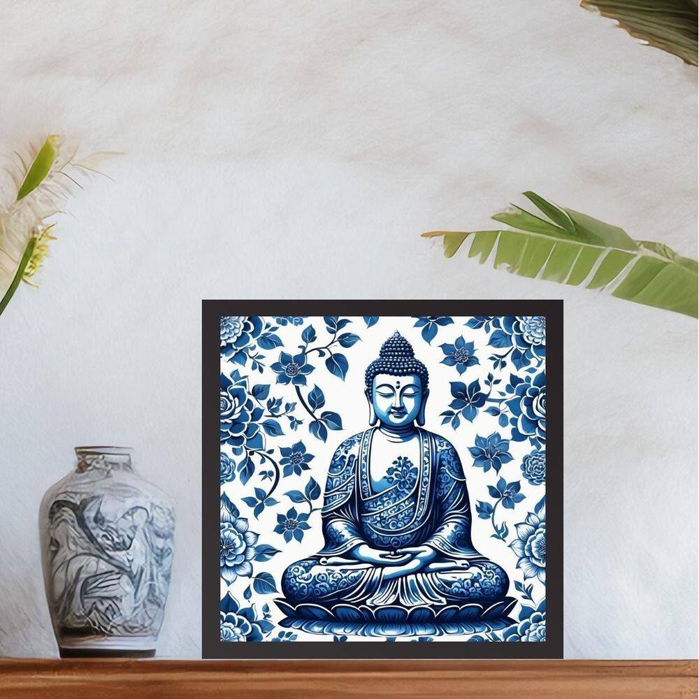 Quadro Buda Estilo Azulejo Português - 33X33Cm - Com Vidro
