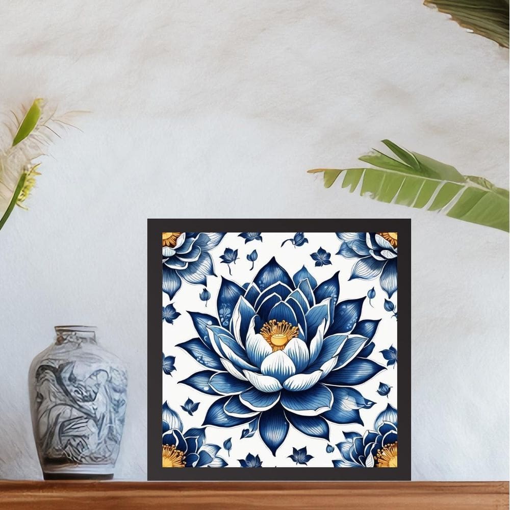 Quadro Flor Lotus Estilo Azulejo Português - 33X33Cm - Vidro