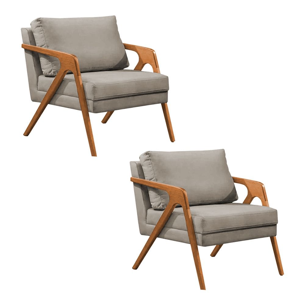 Kit 2 Poltronas Mona Luxo Base Madeira Maciça Veludo Bege