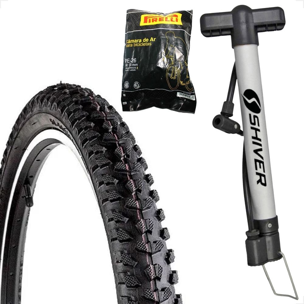 Pneu bicicleta Levorin Excess aro 26 x 1.95 banda leve Camara Pirelli bico grosso Bomba