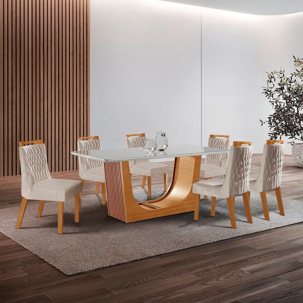 Conjunto de Jantar Mesa Maceió Tampo Mdf e Vidro com 6 Cadeiras Atena Yescasa Castanho Cinamomo/Pena Bege/Off White