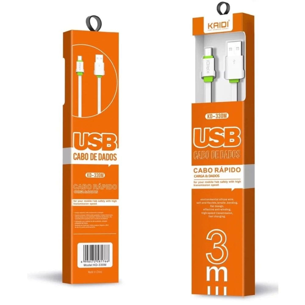 Cabo de Dados USB + Micro USB V8 3M Carga Rápida Kaidi