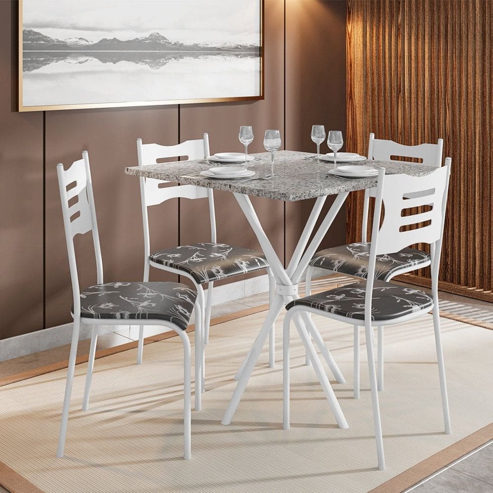 Conjunto Mesa com 4 Cadeiras e Tampo Quadrado Diamante Branco/Preto Floral