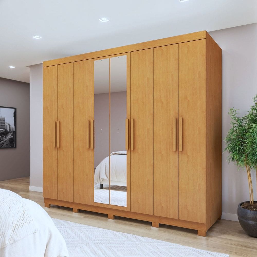Guarda-roupa 8 Portas 4 Gavetas com Espelho e com Pé Andara Soft Amêndoa Clean