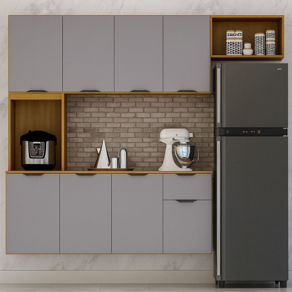 Cozinha Compacta Suspensa 8 Portas 1 Gaveta Nicho e Prateleiras Zarah Cinamomo/ Cinza Acetinado