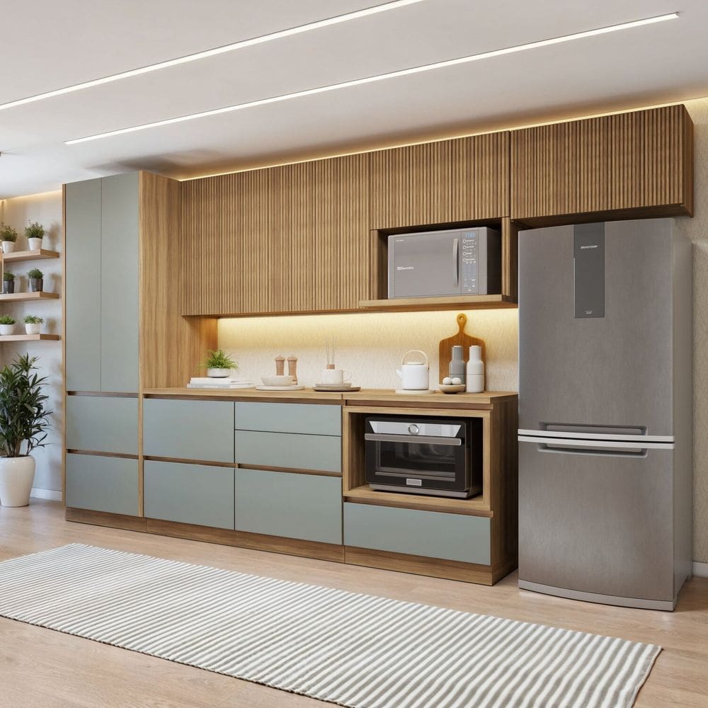 Cozinha Completa Modulada 6 Peças 7 Portas 7 Gavetas com Rodapé Norten Marrom/Verde