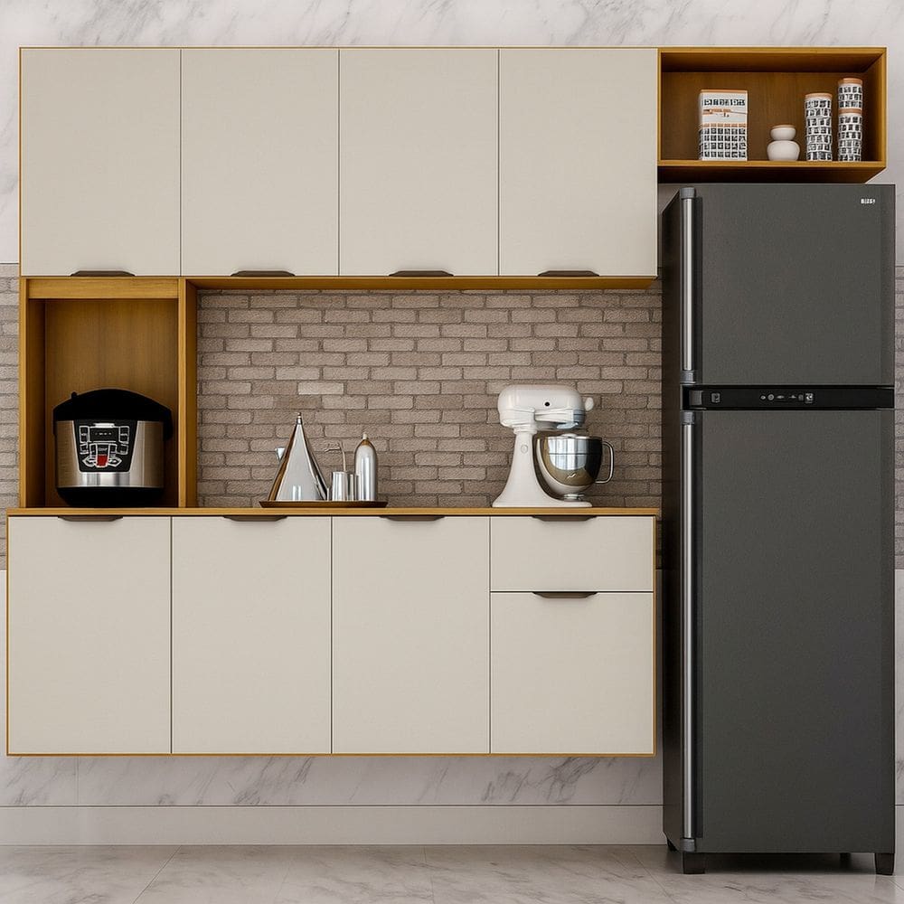 Cozinha Compacta Suspensa 8 Portas 1 Gaveta Nicho e Prateleiras Zarah Cinamomo/ Off White Acetinado