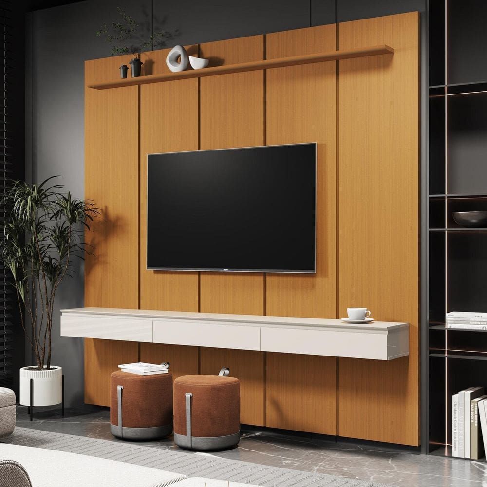 Home Suspenso para Tv 75 Polegadas com 3 Gavetas Estone 2.25 Cedro/Off White