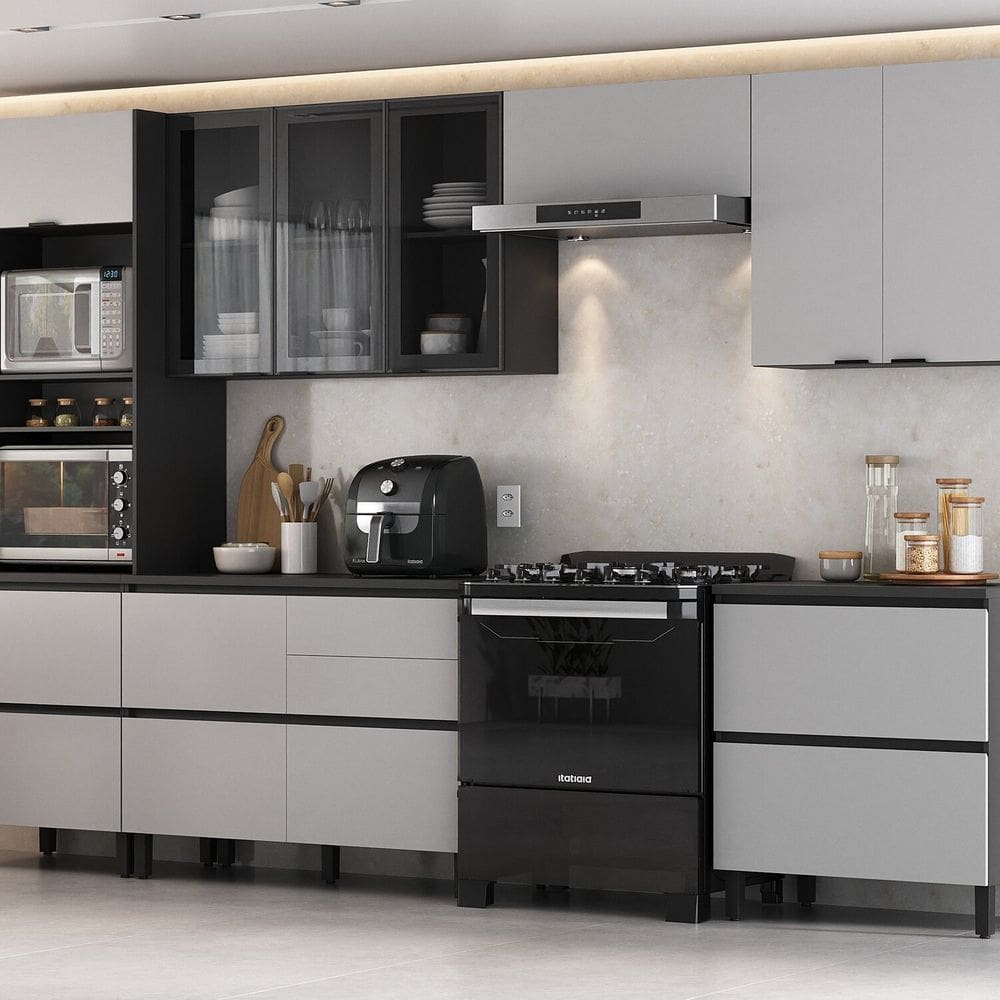 Cozinha Completa Modulada 6 Peças 100% Mdf Lumina Itatiaia Grafite/Cinza