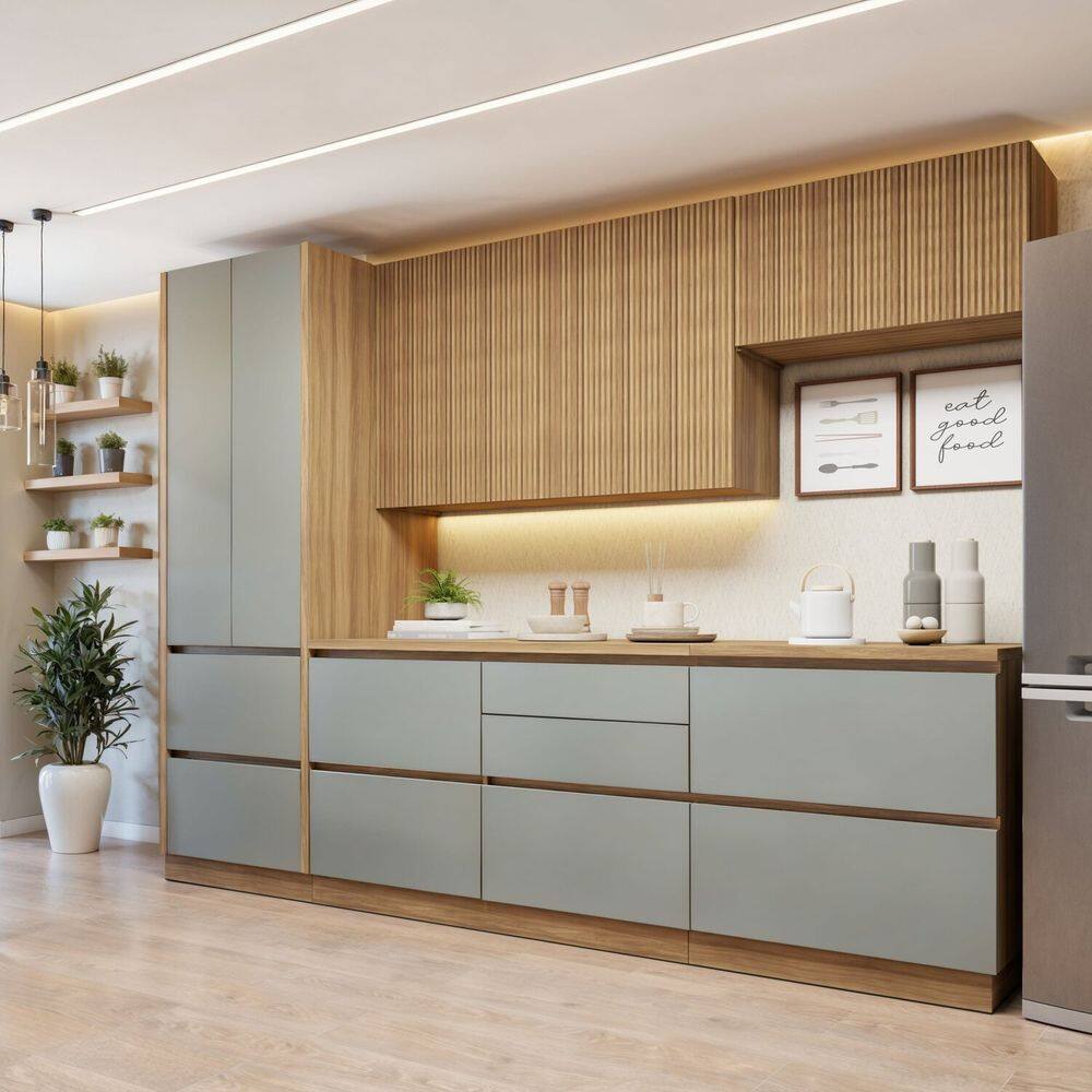 Cozinha Completa Modulada 5 Peças 8 Portas 6 Gavetas com Rodapé Norten Marrom/Verde