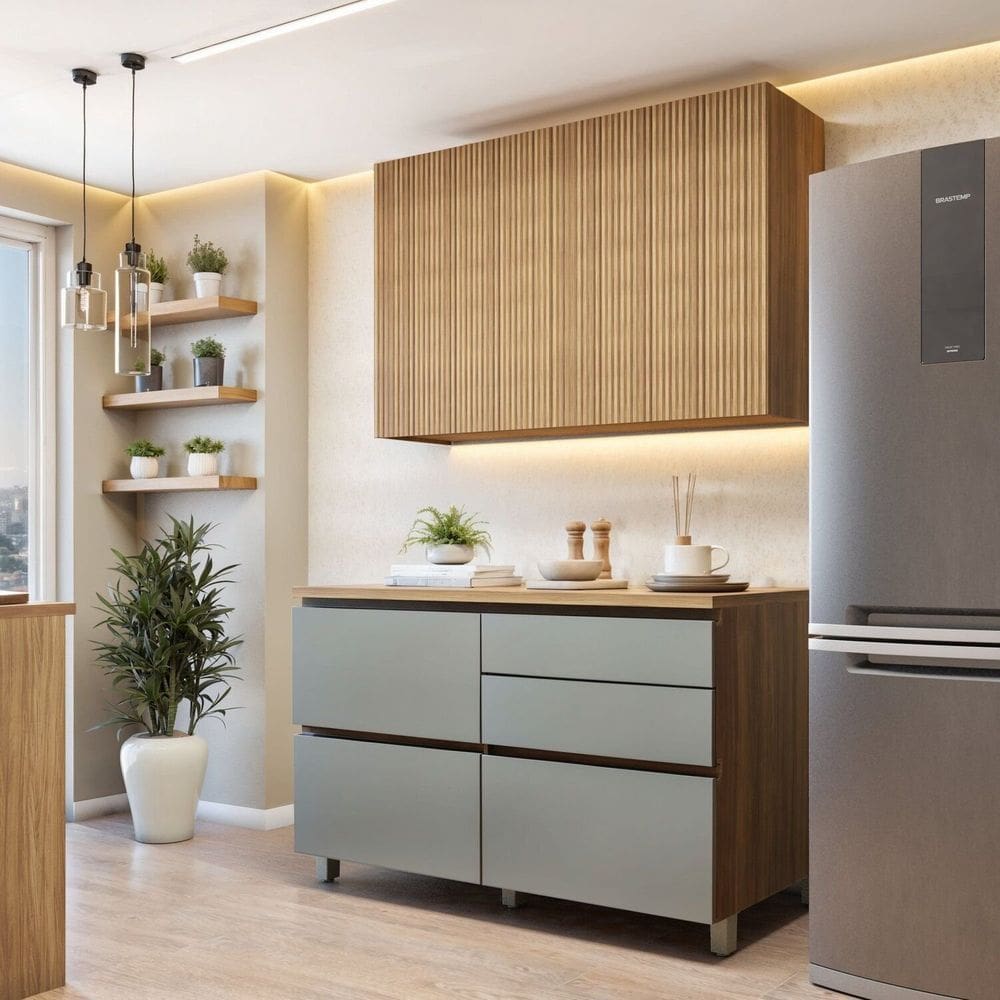 Cozinha Completa Modulada 2 Peças 3 Portas 4 Gavetas Norten Marrom/Verde