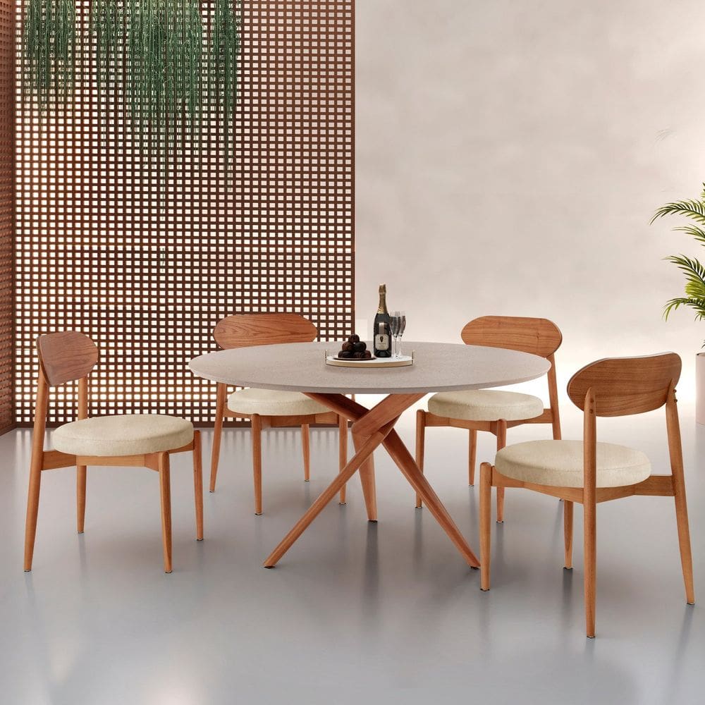 Conjunto Sala de Jantar Mesa 135cm Tampo Redondo Texturizado e 4 Cadeiras Hope Off White / Imbuia Nat