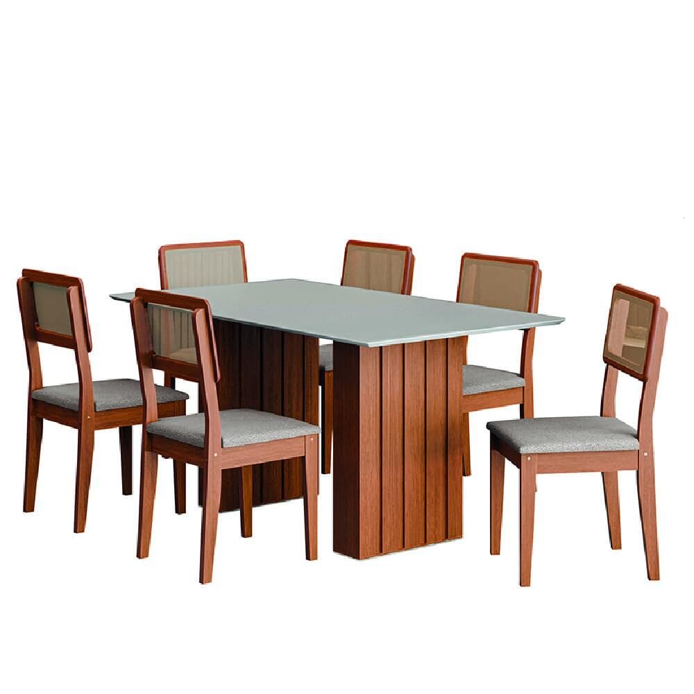 Conjunto de Mesa Sala de Jantar Ripada Tampo com Vidro 1,60m 6 Cadeiras Santiago Dobuê