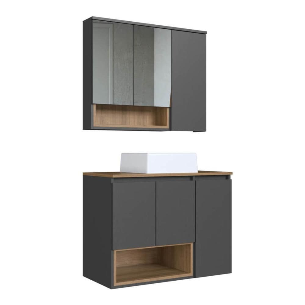 Gabinete 80cm Cecília Mel Grafite com Espelheira Cuba Branca 3 Portas E 1 Nicho De Banheiro