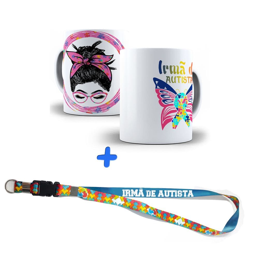 Kit Presente Sou Irmã de Neurodivergente com Caneca + Chaveiro e Cordão Puzzle