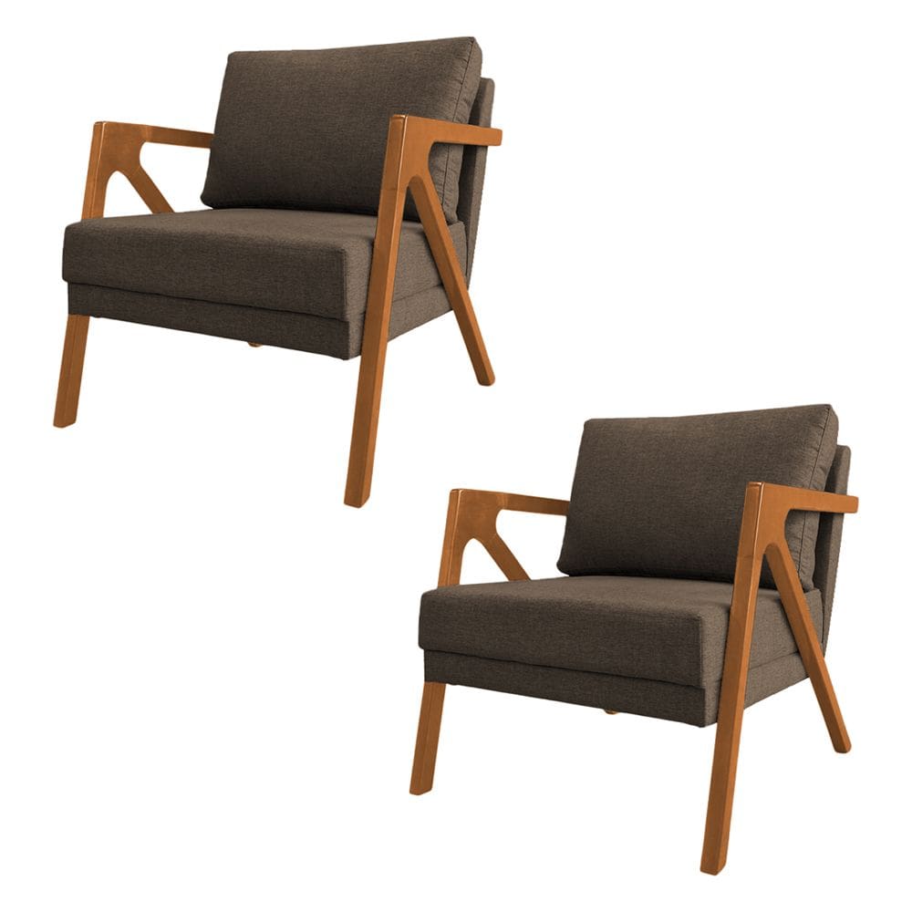 Kit 2 Poltronas Mona Luxo Base Madeira Maciça Linho Marrom