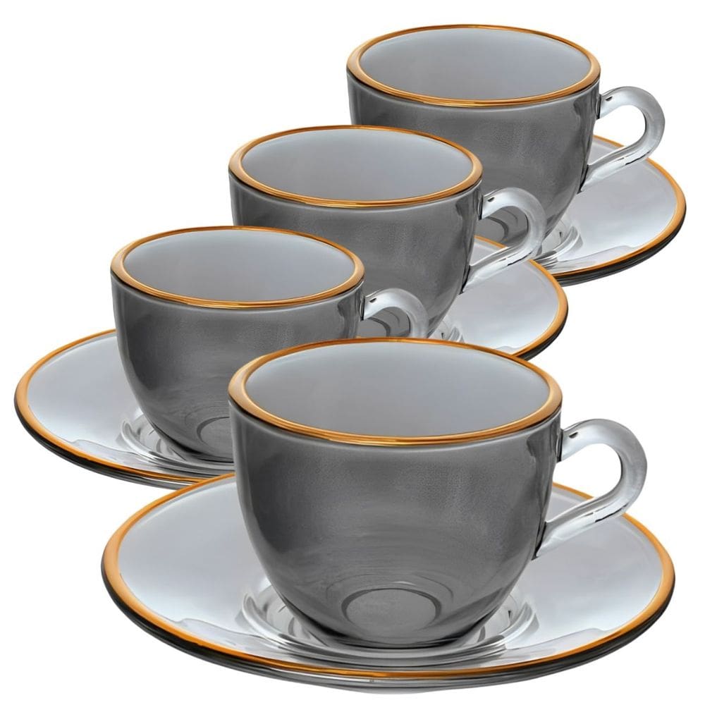 Jogo de Xícaras para Café Menfis Onix com Borda Dourada em Cristal com Pires 85ML - 8 Peças
