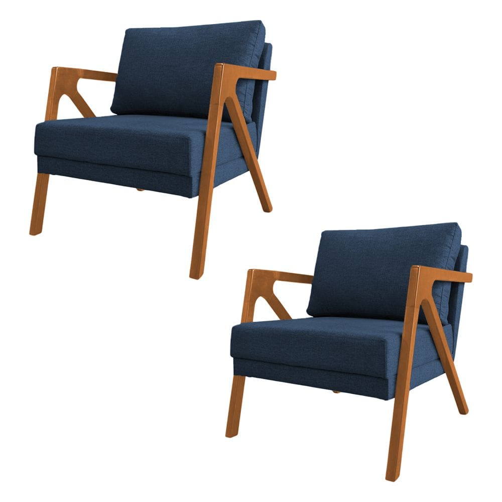 Kit 2 Poltronas Mona Luxo Base Madeira Maciça Linho Azul