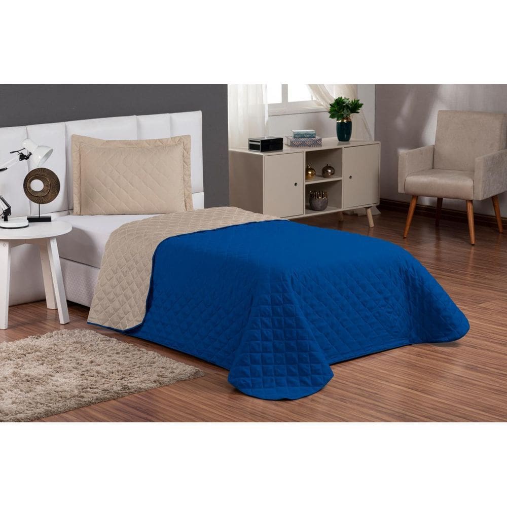 Jogo De Cama Solteiro 3 Peças Com Viés Azul/Caqui