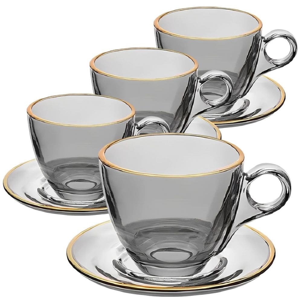 Jogo de Xícaras para Café Menfis Ônix com Borda Dourada em Cristal com Pires 170 ML - 8 Peças