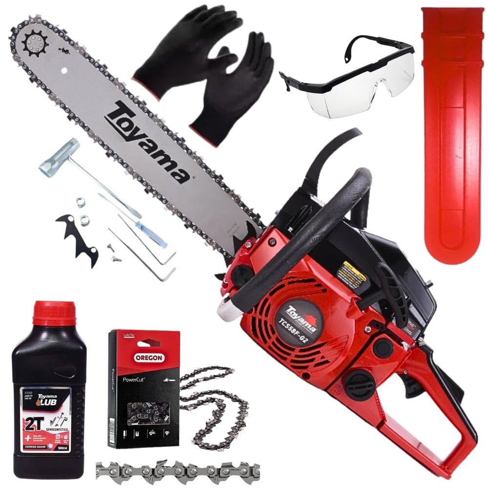 Moto Serra Toyama À Gasolina TCS58FG2 20SN Sabre Grande 50cm Ponta Rolante + Corrente Oregon + Óleo 2T, Óculos e Luvas