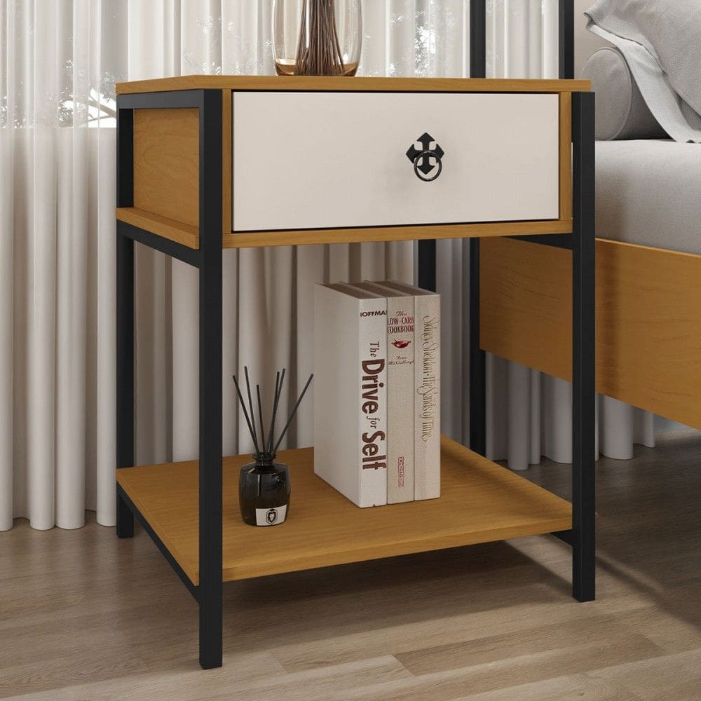 Mesa de Cabeceira Sevilha 1 Gaveta 1 Prateleira  Preto/Natural/Off White - Art Panta