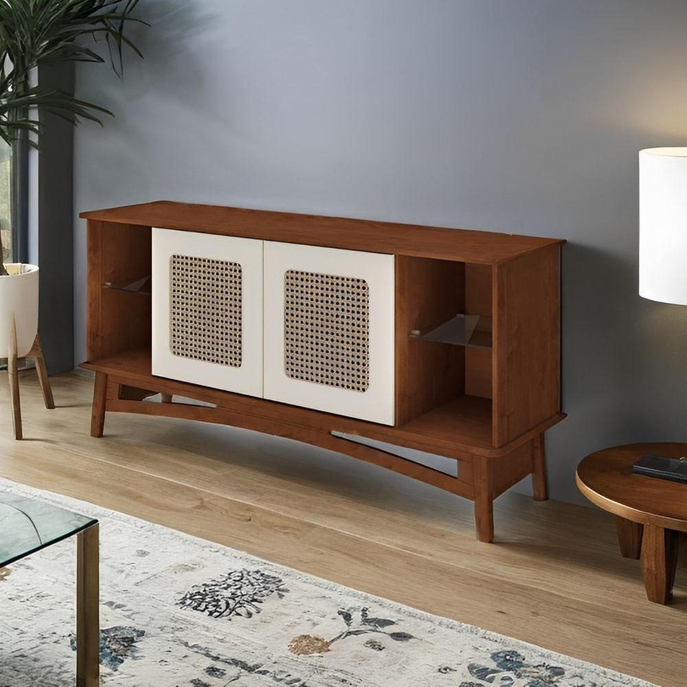 Rack Para Tv De Madeira 2 Portas Em Rattan E 2 Prateleiras De Vidro - Imbuia Glazer Com Portas Nude Laca