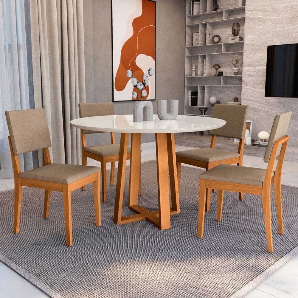 Mesa de Jantar 4 Lugares Flávia com Vidro Madeira Maciça Off White/Marrom Claro - Kappesberg