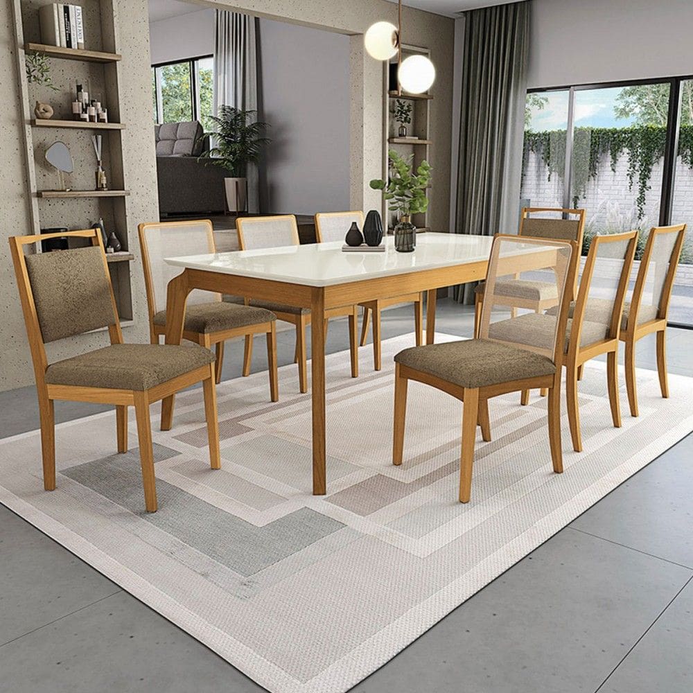 Mesa de Jantar 8 Lugares Elani com Vidro Madeira Maciça Off White/Capuccino - Kappesberg