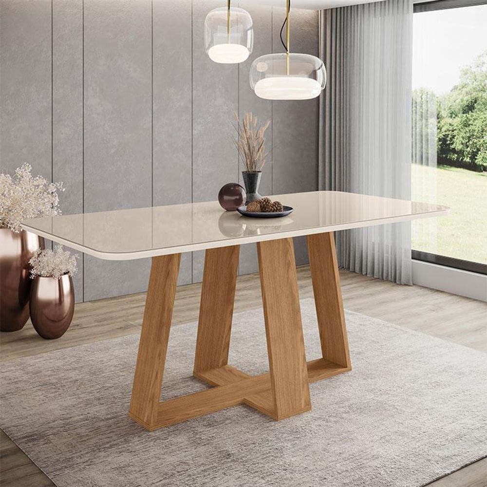 Mesa de Jantar Lins 180 cm Ambiente Canto Arredondado com Vidro Nature Off White - Henn