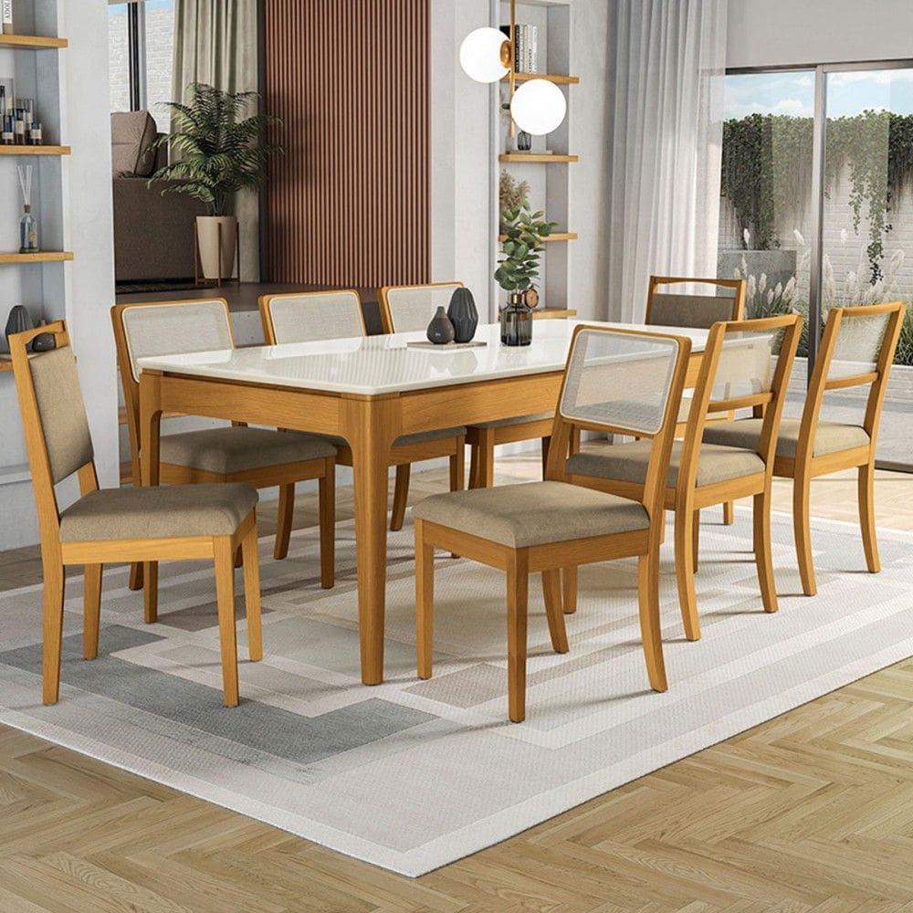 Mesa de Jantar 8 Lugares Loane com Vidro Madeira Maciça Off White/Marrom Claro  - Kappesberg