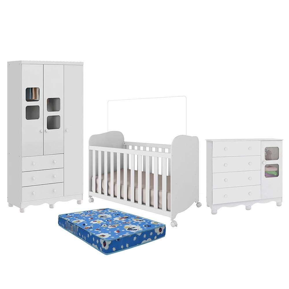 Dormitório Uli Guarda Roupa 3 Portas, Cômoda e Berço com Colchão Baby Physical - Móveis Peroba
