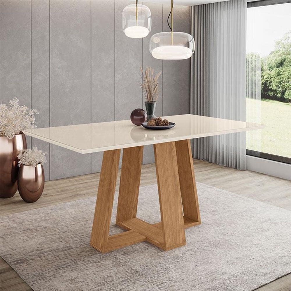 Mesa de Jantar Lins 160 cm Ambiente Canto Reto com Vidro Nature Off White - Henn