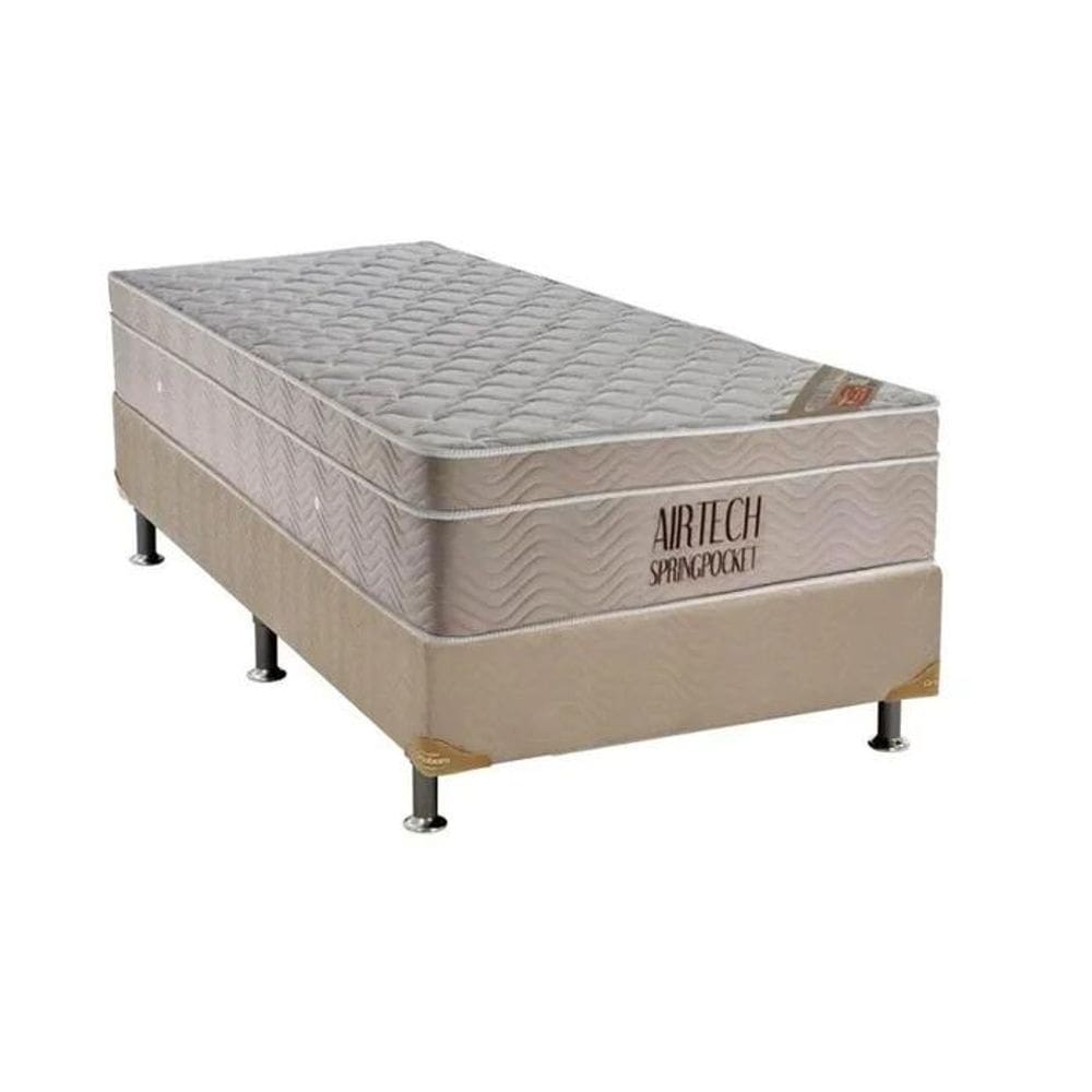 Cama Box Solteirão  Bege + Colchão Molas Ensacadas Airtech - 108x198x63